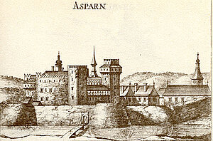 Schloss Asparn an der Zaya, Kupferstich von Georg Matthäus Vischer, aus: Topographia Archiducatus Austriae Inferioris Modernae, 1672