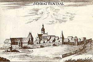 Schloss Schrattenthal, Kupferstich von Georg Matthäus Vischer, aus: Topographia Archiducatus Austriae Inferioris Modernae, 1672