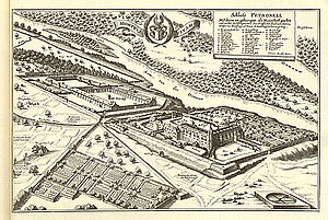 Schloss Petronell, Kupferstich von Matthäus Merian, aus: Topographia Provinciarum Austriacarum, Frankfurt am Main 1679