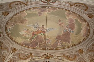 Theresienfeld, Pfarrkirche hl. Kreuz, ab 1767 von Josef Gerl errichtet, dekorative Wandmalerei, 2. Hälfte 18. Jh.