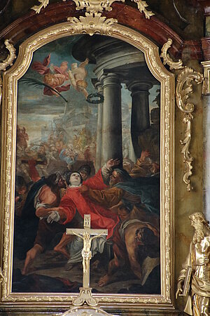 Ybbs an der Donau, Portal der Pfarrkirche hl. Laurentius, Altarblatt mit Martyrium des hl. Laurentius