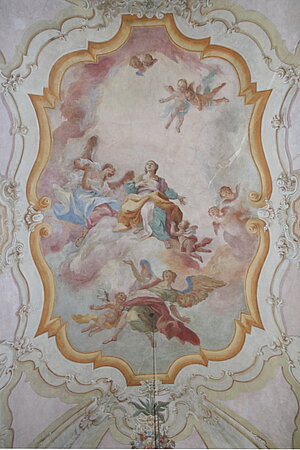 Asparn an der Zaya, Pfarrkirche hl. Pankratius, Franziskuskapelle, Freslen von Gustenauer, 1754 - Verherrlichung Mariens