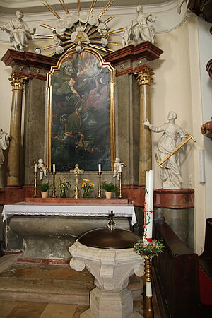 Etsdorf am Kamp, Pfarrkirche hl. Jakobus der Ältere, Seitenaltar Brückensturz des hl. Johannes Nepomuk, Johann Georg Schmidt, 1725