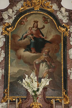 Schwarzau im Gebirge, Pfarrkirche hl. Nikolaus, Hochaltar, 1775, Madonna mit hl. Nikolaus