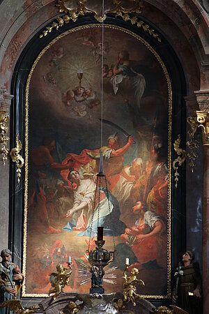 Bad Pirawarth, Pfarrkirche Hl.. Barbara und Agatha, Hochaltarblatt Martyrium der hl. Barbara, vielleicht von Bartholomeo Altomonte, 1752