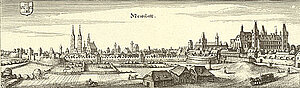 Wiener Neustadt, Kupferstich von Matthäus Merian, aus: Topographia Provinciarum Austriacarum,  Frankfurt am Main 1679
