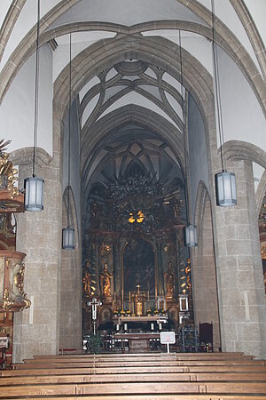 Brunn am Gebirge, Pfarrkirche hl. Kunigunde, gotische Staffelhalle, erste Hälfte 14. Jahrhundert, Blick in das Kircheninnere
