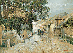 Robert Russ, Regentag in Spitz an der Donau, Tempera, Gouache, Kreide über Bleistift/Karton, um 1895