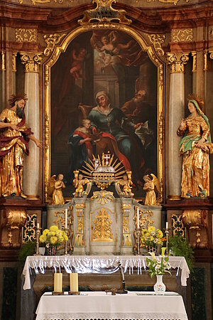 Wallsee, Filialkirche hl. Anna, Hochaltar, Rokoko-Retabel, Altarbild mit hl. Anna Maria das Lesen lehrend