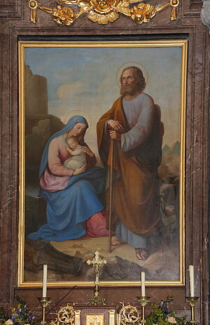 Josefsberg, Pfarrkirche hl. Josef, Saalkirche, 1644 errichtet, unter Maria Theresia erweitert, Altarbild Flucht nach Ägypten, bez. Krepp, 1857