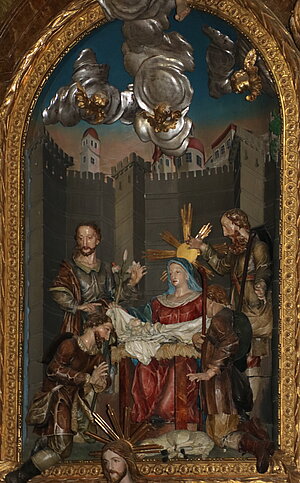 Arbesbach, Pfarrkirche hl. Ägidius, rechter Seitenaltar, von der Weberinnung gestiftet, Figurengruppe Anbetung der Hirten, 1685
