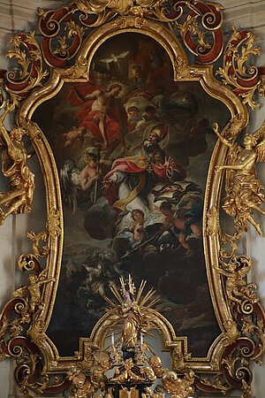 Ebenfurth, Pfarrkirche hl. Ulrich, barockisierter gotischer Bau, Hochaltar mit Altarbild von Johann Georg Schmidt, 1721