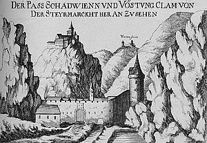 Schottwien und Klamm, Kupferstich von Georg Matthäus Vischer, aus: Topographia Archiducatus Austriae Inferioris Modernae, 1672