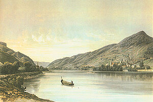 Jakob Alt/Franz Josef Sandmann, Die Donau bei Schwallenbach und St. Johann, Chromolithografie, 24,5x36,5 cm, 1850, NÖLM 