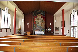 Golling an der Erlauf, Pfarrkirche hl. Franz von Assisi, erbaut 1962/64 nach Plänen von Johann Kräftner sen., Fresko von Sepp Mayrhuber, 1975