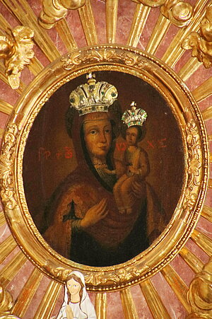 Haitzendorf, Pfarrkirche hl. Ulrich, linker Seitenaltar, Altarbild mit Schwarzer Madonna mit Kinde, Ende 17. Jh. (?)