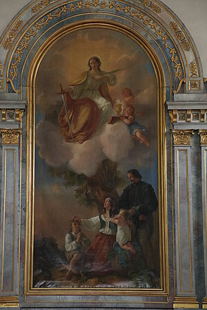 Reichenau, Pfarrkirche hl. Barbara, Hochaltarbild von Friedrich Schilcher, Porträts der Stifterfamilie Baron Kübeck, Hofschauspieler Ludwig Löwe als Bergknappe kostümiert