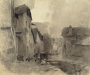 Ludwig Rösch, Die Bachgasse in Weißenkirchen, Schwarze Kreide/Papier, um 1920/25