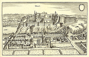 Stift Melk, Kupferstich von Matthäus Merian, aus: Topographia Provinciarum Austriacarum,  Frankfurt am Main 1679