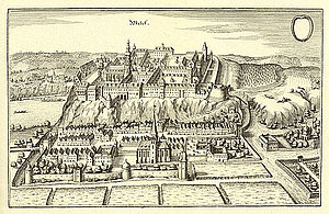 Stift Melk, Kupferstich von Matthäus Merian, aus: Topographia Provinciarum Austriacarum, Frankfurt am Main 1679