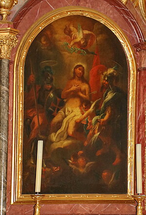 Haitzendorf, Pfarrkirche hl. Ulrich, Seitenaltar, um 1780-1790, Altarblatt Hll. FLorian, Georg und Sebastian, Werkstatt Martin Johann Schmidts (?)