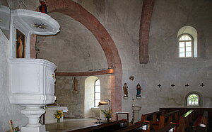 Scheiblingkirchen, Pfarrkirche hl. Maria Magdalena und Rupert, 1130-40 errichtet, 1147 geweiht, Reste der Ausmalung 14. Jh.