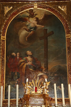 St. Oswald, Pfarrkirche St. Oswald, Hochaltarbild Hl. Oswald vor dem Kreuz, 2. Hälfte 18. Jahrhundert