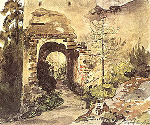 Thomas Ender, Torbau der Ruine Rauhenstein, Aqu. über Bleistiftvorzeichnung, um 1825