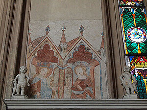 Wandmalerei im Chor: Hl. Margarethe und Hl. Barbara