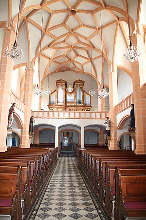 Steinakirchen am Forst, Pfarrkirche hl. Michael, Kircheninneres, Wandpfeilerkirche mit allseits umlaufender Empore, Netzrippengewölbe