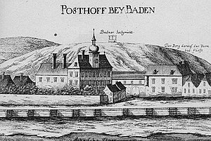 Baden, Posthof, Kupferstich von Georg Matthäus Vischer, aus: Topographia Archiducatus Austriae Inferioris Modernae, 1672