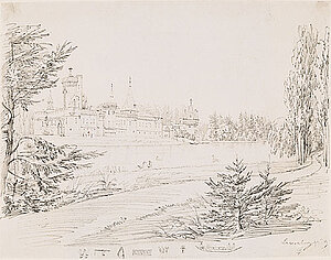 Ludwig Schütze, Die Franzensburg in Laxenburg, Bleistiftzeichnung, 1837, 26,3x33,7 cm, NÖLM 