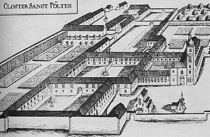 Stift St. Pölten, Kupferstich von Georg Matthäus Vischer, aus: Topographia Archiducatus Austriae Inferioris Modernae, 1672