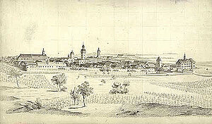 Die Stadt Retz, unbek. Zeichner, Lavierte Kreide- und Federzeichnung über Raster, 28,2x47,6 cm, um 1820, NÖLM