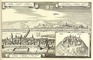Krems-Stein, Mautern und Göttweig, Kupferstich von Matthäus Merian, aus: Topographia Provinciarum Austriacarum,  Frankfurt am Main 1679
