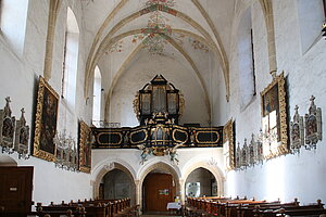 Annaberg, Pfarr- und Wallfahrtskirche hl. Anna, Blick gegen die Orgelempore