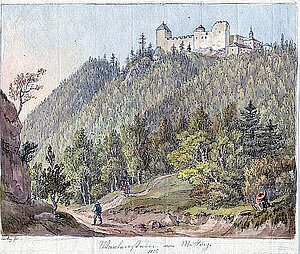 Franz Jaschke, Burg Wartenstein, Aquarellierte Federzeichnung, 17,8x22,3 cm, 1800