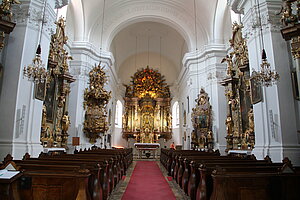 Maria Schutz, Pfarr- und Wallfahrtskirche, 1728 Baubeginn, 1738 Weihe, Blick Richtung Hochaltar