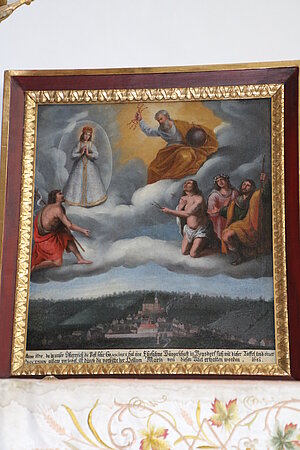 Poysdorf,  Pfarrkirche hl. Johannes der Täufer, Votivbild als Dank für die Bewahrung vor der Pest mit Ansicht von Poysdorf , 1679