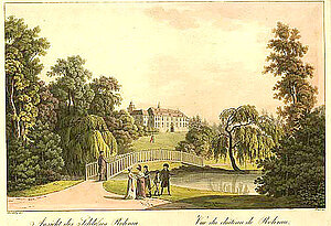Franz Jaschke/Karl Postl, Schloss Rohrau, kolorierte Umrissradierung, um 1800