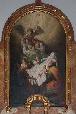 Enzersfeld, Pfarrkirche Mariae Geburt, 1908/09, im Inneren sezessionistische Ausstattung, Altarblatt Mariae Geburt, Maria Schöffmann