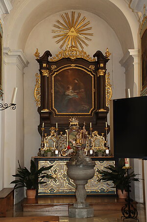Gansbach, Pfarrkirche hl. Bartholomäus, Seitenaltar mit Altarblatt Unterweisung Mariae, Martin Johann Schmidt 1779