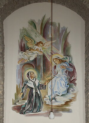 Plankenstein, Pfarr- und Wallfahrtskirche Maria Schnee, 1950-1952 nach Plänen von Josef Friedl errichtet, Fresken von Maria Sturm, 1952 - Erscheinung der Madonna vor der hl. Katharina von Labouré