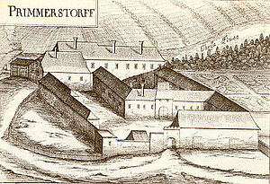 Schloss Primmersdorf, Kupferstich von Georg Matthäus Vischer, aus: Topographia Archiducatus Austriae Inferioris Modernae, 1672