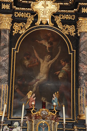 Gansbach, Pfarrkirche hl. Bartholomäus, Hochaltarblatt Martyrium des hl. Bartholomäus, Paul Haubenstricker, 1781