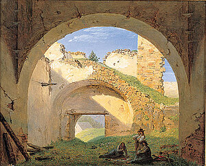 Ferdinand Gerog Waldmüller, Einblick in die Burgruine Klamm bei Schottwien, Öl/Holz, 20x25,2 cm, um 1822/23