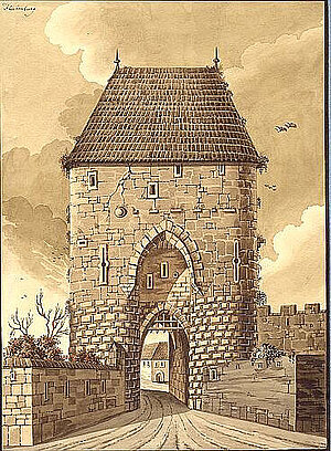 Josef Scheiger, Wiener Tor Hainburg, Sepia-Pinselzeichnung, 23,8x17,2 cm, 1823-1825