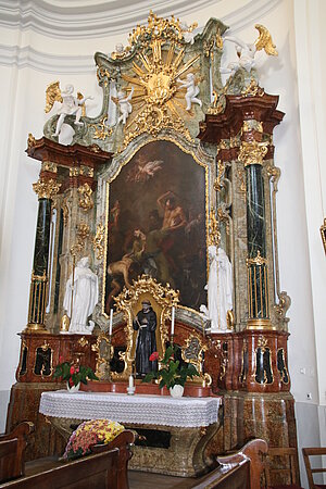 St. Pölten, Rathausplatz, Pfarrkirche zur hll. Dreifaltigkeit, Wandsäulenretabel von A. Gruber 1770-72, Altarblatt von Martin Johann Schmidt, Martyrium des hl. Judas Thaddäus, 1771