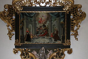 Neunkirchen, Pfarrkirche Mariae Himmelfahrt, Arme-Seelen-Kapelle, Votivbild mit den Stiftern der Kapelle, Pongratz Sebastian Eder und Frau, 1733