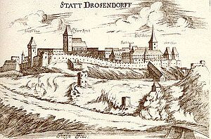 Drosendorf, Kupferstich von Georg Matthäus Vischer, aus: Topographia Archiducatus Austriae Inferioris Modernae, 1672